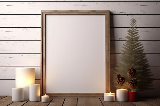 Christmas tree design for home interior. Winter wonderland. Blank xmas poster in white and green. Creative canvas. Empty frame in modern living room
