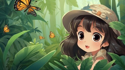 Enchanting artwork: a girl with captivating eyes admiring a butterfly in a lush jungle.
