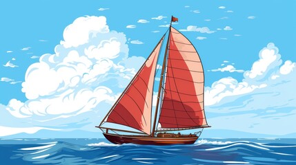Fototapeta premium Maritime masterpiece: a hand-drawn depiction of a small boat with billowing sails on the vast sea.