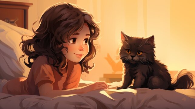 A little dark-haired girl lies on the bed next to a black kitten.
