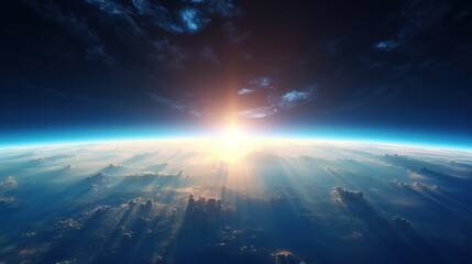 Sunrise view of the planet Earth from space with the sun setting over the horizon