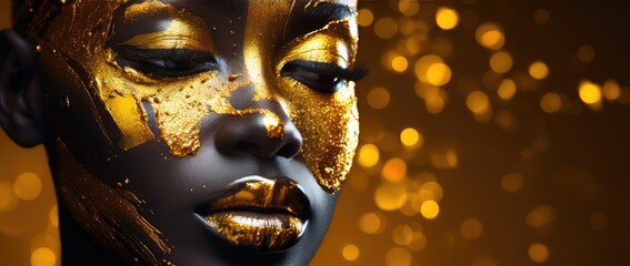 Beautiful black woman with golden paint on her face.