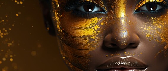 Beautiful black woman with golden paint on her face.