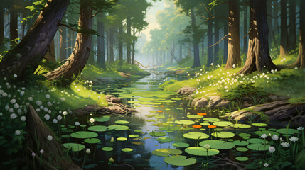 A painting of a forest with a river