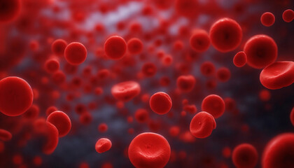 3d rendering of red blood cells flowing through a vein with depth of field on dark dark background