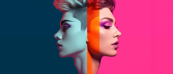 Gender fluid non binary people portrait, male and female couple - obrazy, fototapety, plakaty