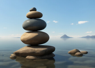 3d rendering of zen pebble stones gracefully balanced on the water's surface