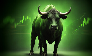 Running bull of bullish market conditions with an upward-trending graph and a background in green, indicating a rising stock price
