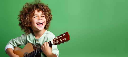 Joyful kid playing guitar, green background and copy space, banner for music school - obrazy, fototapety, plakaty