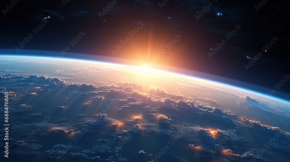 Wall mural sunrise view of the planet earth from space with the sun setting over the horizon