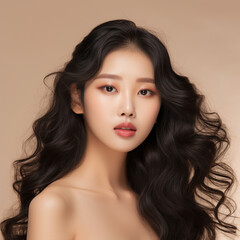 Naklejka premium Young Asian beauty woman curly long hair with korean makeup style touch her face and perfect skin on isolated beige background, ai technology