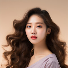 Naklejka premium Young Asian beauty woman curly long hair with korean makeup style touch her face and perfect skin on isolated beige background, ai technology