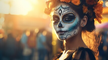 Gothic elegance shines in a Mardi Gras portrait-a beautiful girl adorned with sugar skull makeup, a vision of celebration.