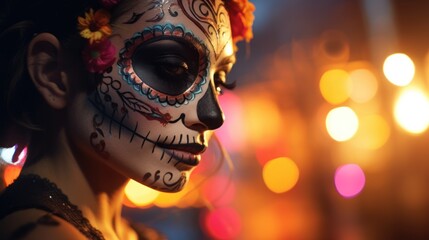Mardi Gras enchantment captured in a portrait-a beautiful girl with sugar skull makeup, embodying celebration and horror.