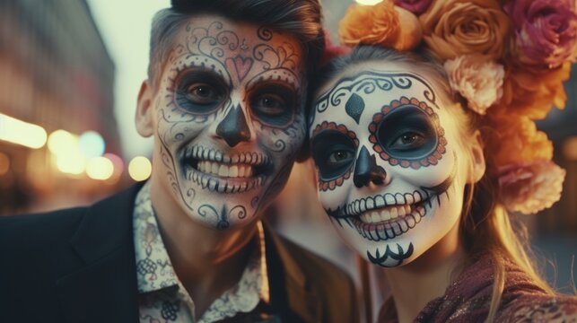 Mardi Gras enchantment: a couple's portrait with sugar skull face paint, a celebration of life and death in festive horror.