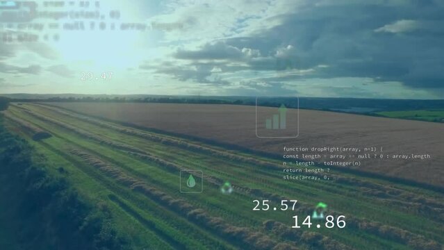 Animation of eco icons and data processing over countryside farm land