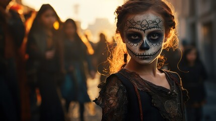 Festive atmosphere in focus-little girl with sugar skull style makeup at the Mardi Gras festival, surrounded by a party of children.