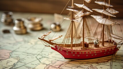 Vintage simple wooden craft scale model of a tall ship with red sails and old white nautical chart close-up. Planning travel, sailing accessories, concept art