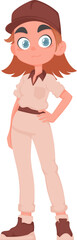 A red haired teenage girl in a beige and brown school uniform. The student is posing. Cartoon vector style.