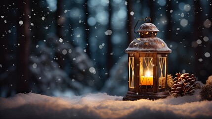 A scene in the evening with a Christmas lantern on snow and a fir branch