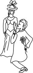 A gentleman standing on one knee makes a marriage proposal to his lady in a hat and retro dress. Comic book scene style drawing