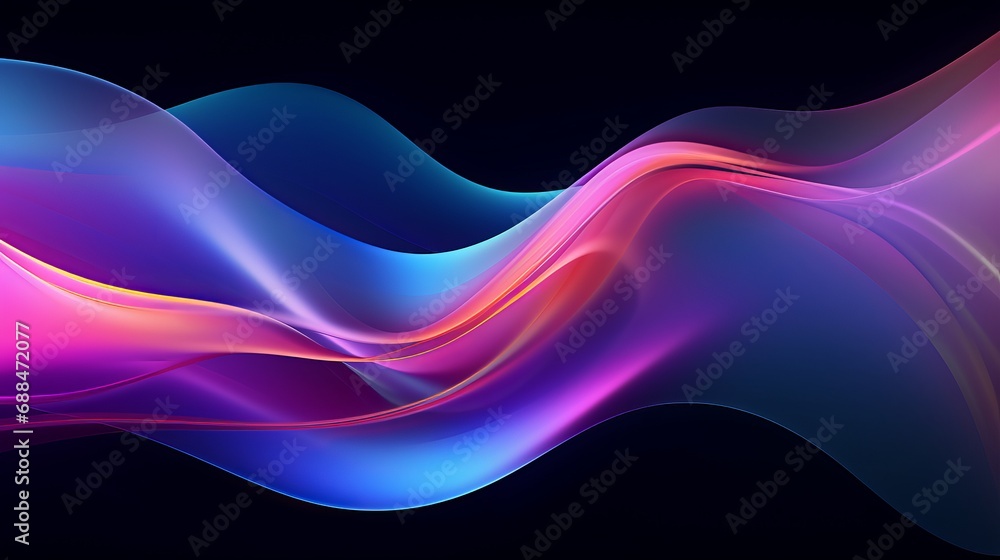 Poster abstract fluid 3d render with a black background and holographic, iridescent neon curved wave in mot