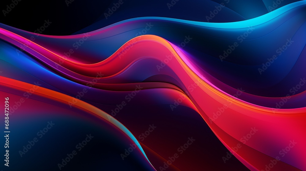 Poster abstract fluid 3d render with a black background and holographic, iridescent neon curved wave in mot