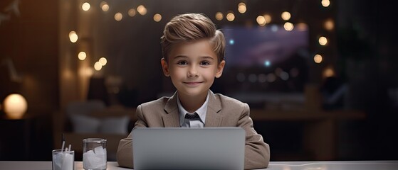 A smiling boy is sitting at a table with a laptop being a CEO