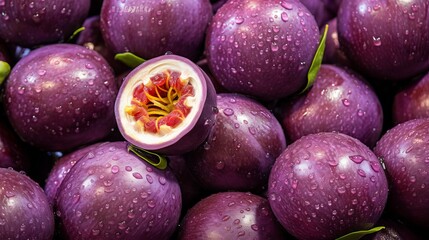 close-up of newly harvested purple passion fruits on a farm