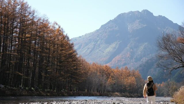 Blurred of a female tourist walking and looking at a beautiful autumn view in Kamikochi, Japan
