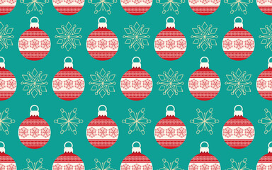 Fototapeta premium Seamless pattern with red Christmas tree balls and snowflake on green background in retro style. Design for wallpaper, greeting card, flyer, poster, packaging, wrapping. Doodle vector illustration. 
