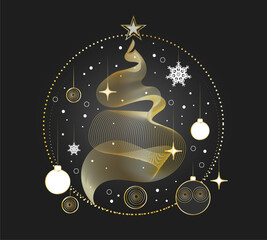 Abstract golden Christmas tree with stars and Christmas balls in round frame on dark background. Isolated design element. Greeting card template, poster, banner, card, flyer. Vector illustration.