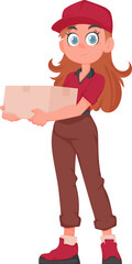 Smiling Delivery Woman in Red Uniform Holding a Paper Box. Cute Girl Delivering Goods in Vector Cartoon Style.