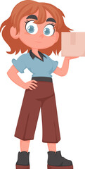Smiling Delivery Girl with Package in Blue Uniform. Cheerful Female Courier Holding Paper Box. Vector Cartoon Illustration.