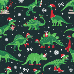 Dino Christmas Party Tree Rex. Dinosaur in Santa hat decorates. Vector seamless pattern of funny character in cartoon flat style. - 688473809