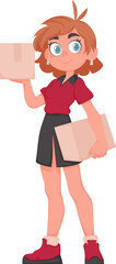 Smiling Delivery Woman in Red Uniform Holding a Paper Box. Cute Girl Delivering Goods in Vector Cartoon Style.