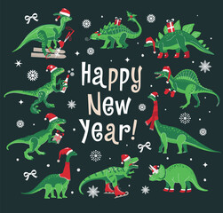 Dino Christmas Party Happy New Year. Dinosaur in Santa hat decorates. Vector illustration of funny character in cartoon flat style.