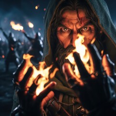 angry old wizard casting a fire spell in the middle of battle