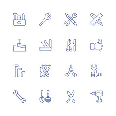 Tools line icon set on transparent background with editable stroke. Containing toolbox, shovel, keys, wrench, utility knife, edit tools, tools, medical tools, compass, pruning shears, pencil and ruler