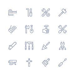 Tools line icon set on transparent background with editable stroke. Containing measuring tape, stapler, chainsaw, nail gun, tools, construction and tools, tool, hammer, spade, brush, screwdriver.