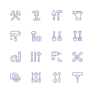 Tools line icon set on transparent background with editable stroke. Containing crossed hammers, paint roller, measure tape, saw, plate compactors, nut, tools, farming tools, drill tool, wrench.
