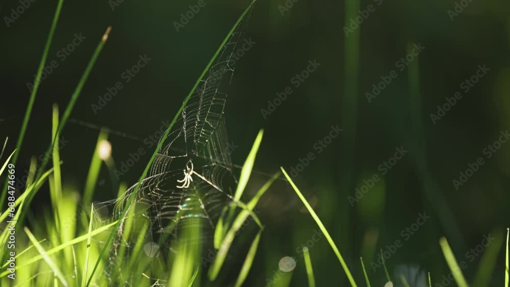 Poster a tiny spider holds to his wispy web in the gust of wind. a close-up video. loop.