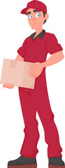 Smiling Deliveryman with Parcel: Friendly courier in red uniform holding a paper box. Vector cartoon illustration.