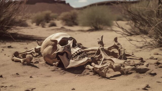 Skeleton and scull bones of human remains in the desert after body decomposed. A suspicious crime scene after a murder