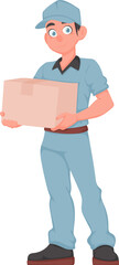 Cheerful Delivery Man with Parcel in Cartoon Vector Style. Smiling Male Courier in Blue Uniform Holding Paper Box. Express Delivery Concept.