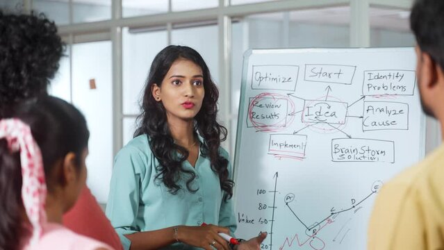 young girl at office discussing about project to team members or colleagues during meeting - concept of leadership presentation, workplace communication and startup culture.