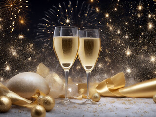 champagne glasses and new year decorations