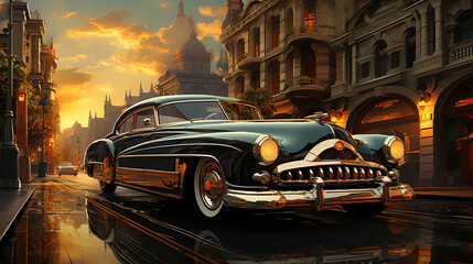 A Classic Retro Car on The road Watercolor Oil Painting Cityscape Background