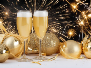 champagne glasses and new year decorations