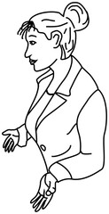 A woman in a business suit showing bewilderment, spreading her hands with open palms. A simple drawing, digital line art
